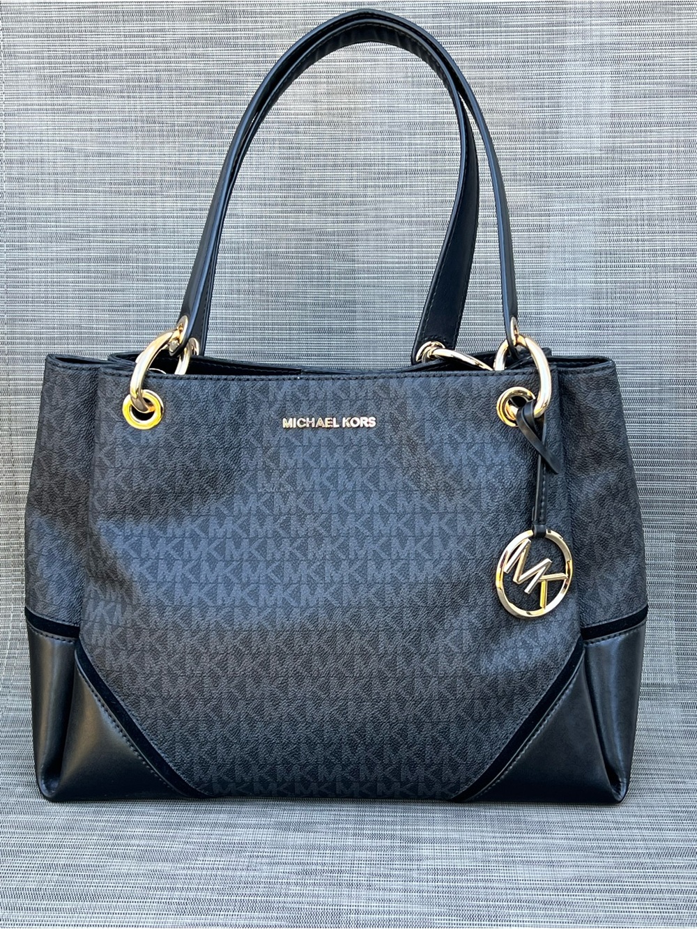 Michael Kors Black Leather Satchel Purse with Gold Tone Accents